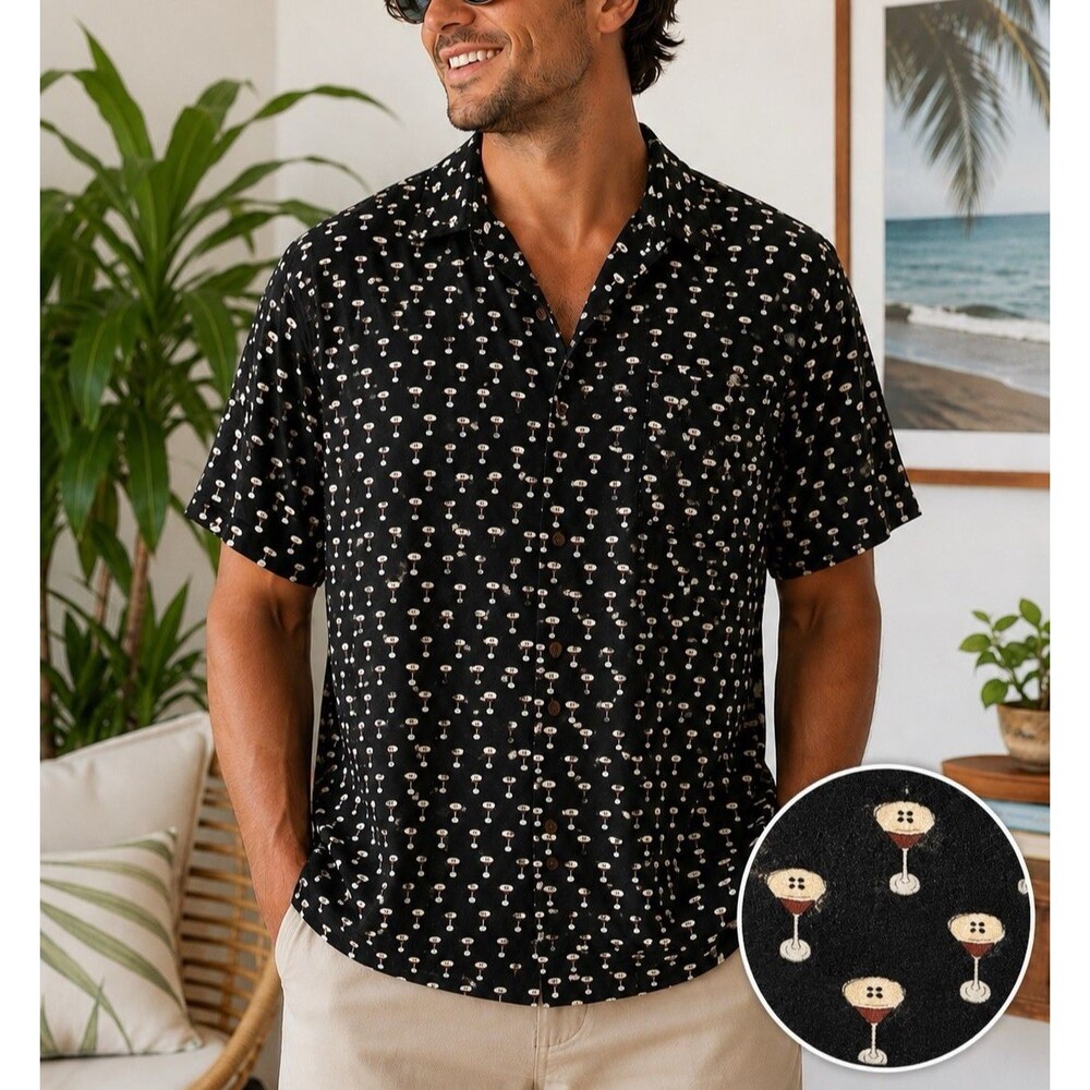 Kenny Flowers Martini Print Rayon Hawaiian Camp Shirt XL